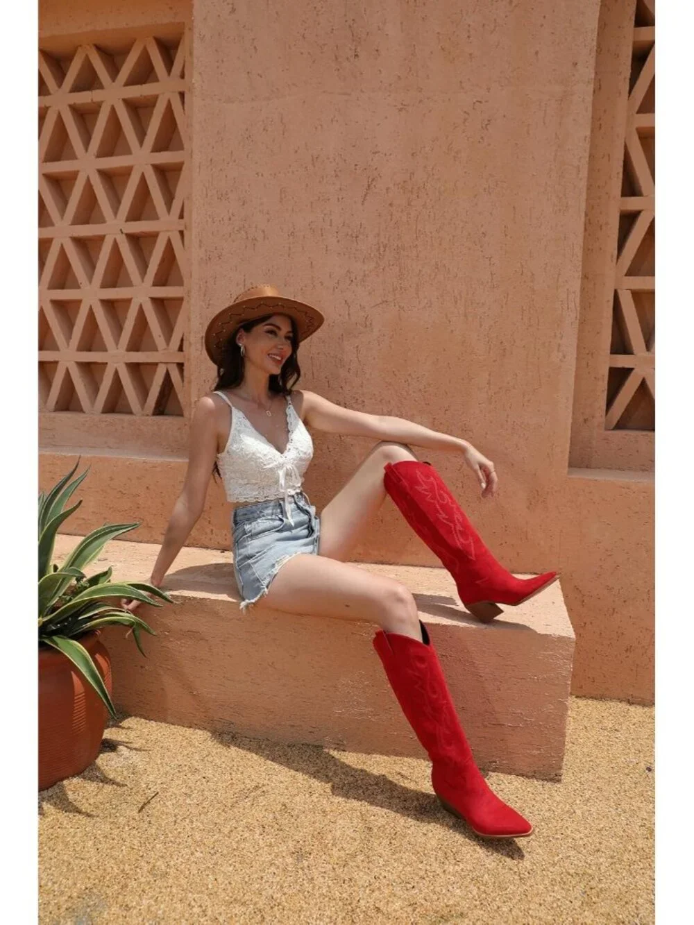 Women's Red Pointed Toe Faux Leather Block Heel Heel Over The Knee Boots